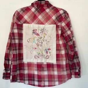 Hand Embroidered Plaid Fall Shirt Artist Made Cowgirl Red S Floral Farm